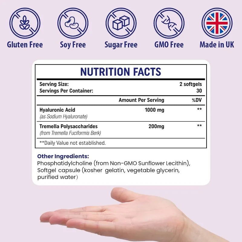 Liposomal Hyaluronic Acid Supplement - Dietary Hyaluronic Acid Capsules, Dual Strength Skin Moisturizing, Joint Lubrication