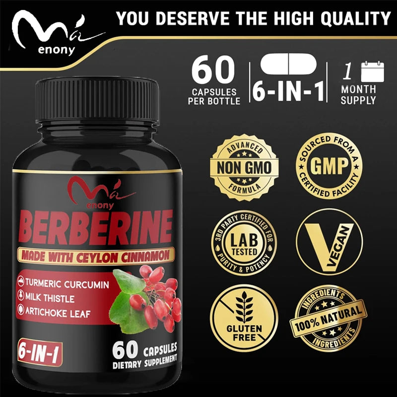 Berberine Natural Supplement Contains Ceylon Cinnamon,Turmeric,Artichokes, and Milk Thistles-60 Capsules High Absorption Formula