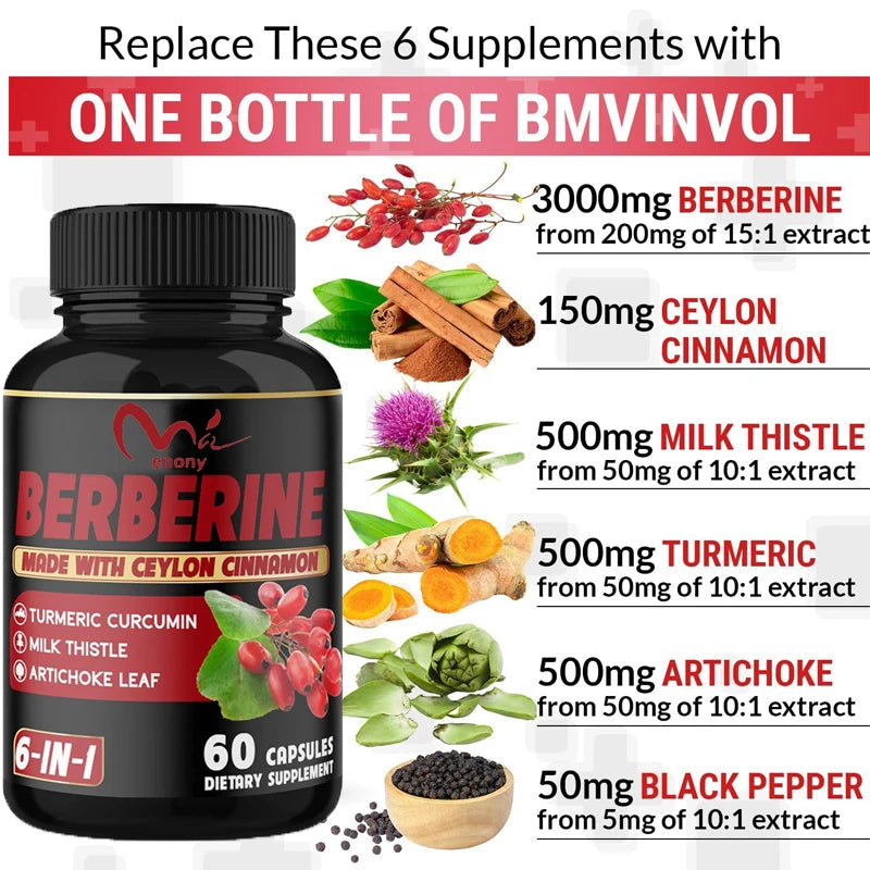 Berberine Natural Supplement Contains Ceylon Cinnamon,Turmeric,Artichokes, and Milk Thistles-60 Capsules High Absorption Formula