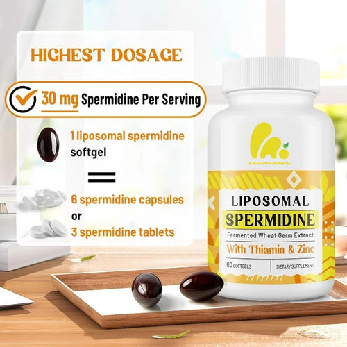 30mg liposome spermidine supplement, high absorption, fermented wheat germ extract, cell renewal, anti-aging support, 60capsules