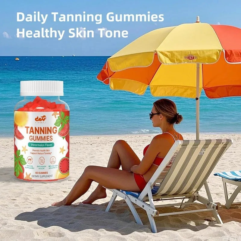 Daily tanning gummies contain astaxanthin, collagen, lycopene, zinc (citric acid), which promote healthy and radiant skin