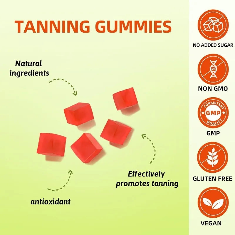 Daily tanning gummies contain astaxanthin, collagen, lycopene, zinc (citric acid), which promote healthy and radiant skin
