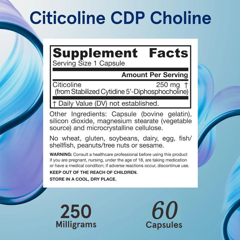 CDP Choline Capsules, 250mg Dietary Supplements for Memory and Brain Health, 60 Vegetarian Capsules Non GMO, Gluten Free