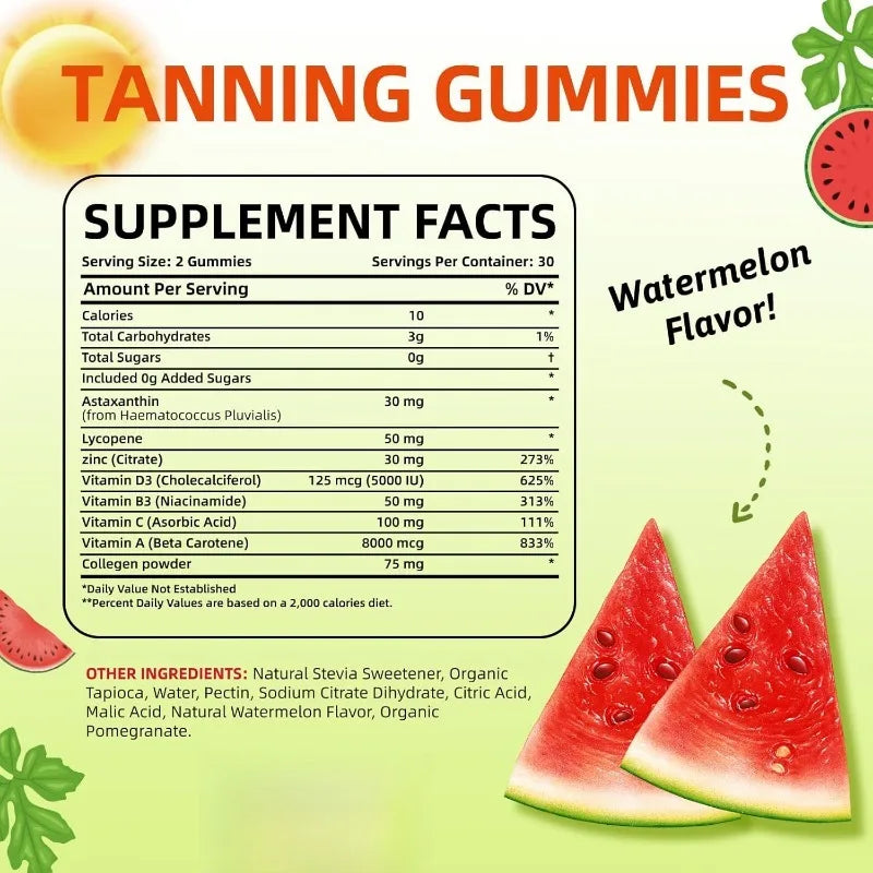 Daily tanning gummies contain astaxanthin, collagen, lycopene, zinc (citric acid), which promote healthy and radiant skin