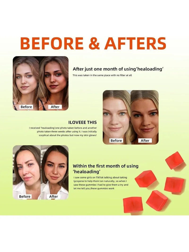 Daily tanning gummies contain astaxanthin, collagen, lycopene, zinc (citric acid), which promote healthy and radiant skin