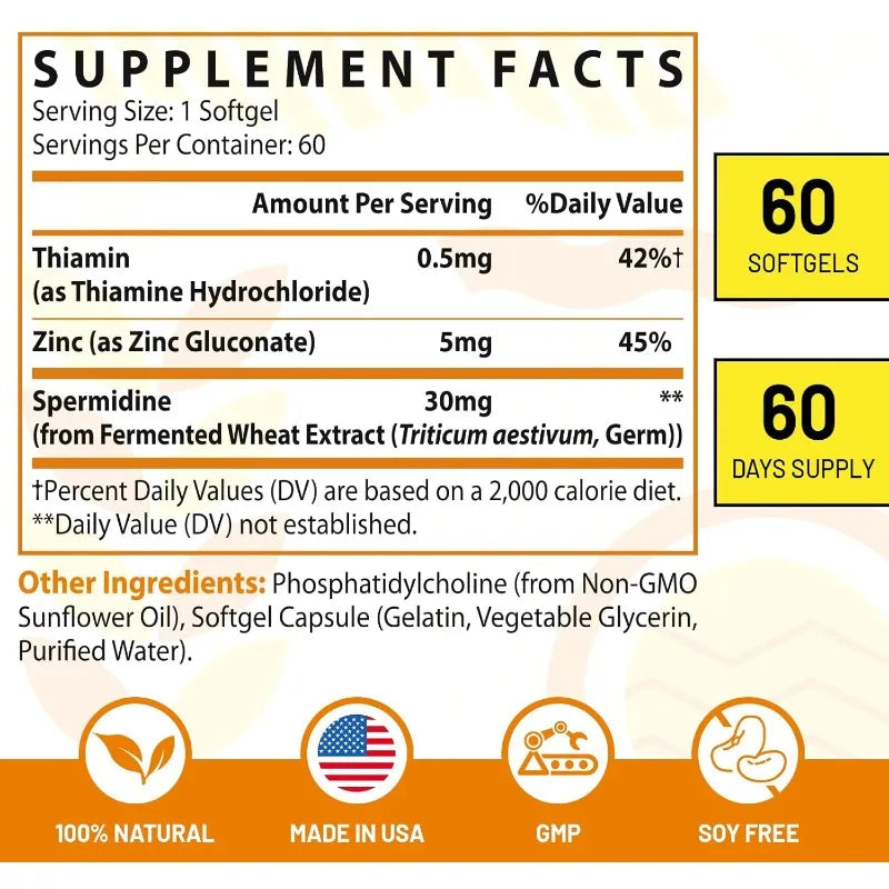 30mg liposome spermidine supplement, high absorption, fermented wheat germ extract, cell renewal, anti-aging support, 60capsules