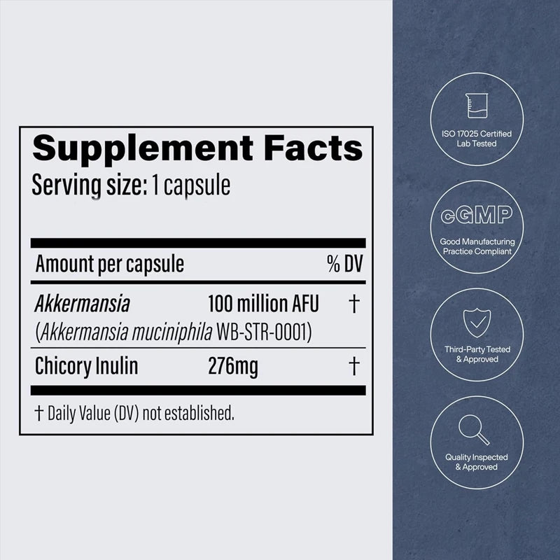 Akkermansia probiotics contain prebiotic fiber -60 capsules,100MAFU live strain,promoting intestinal health for both menandwomen