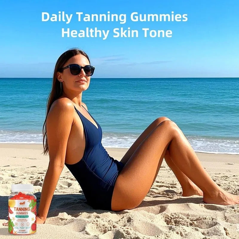 Daily tanning gummies contain astaxanthin, collagen, lycopene, zinc (citric acid), which promote healthy and radiant skin